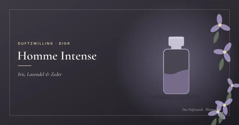 Illustration eines schlanken Flakons mit violettgrauer Flüssigkeit zwischen Irisblüten auf anthrazitfarbenem Grund – Dior Homme Intense Duftzwilling