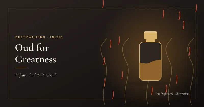 Illustration eines schlanken Flakons mit goldbrauner Flüssigkeit zwischen Safranfäden und Rauchschwaden auf schwarzem Grund – Initio Oud for Greatness Duftzwilling