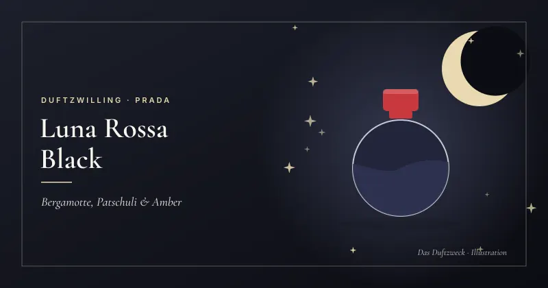 Illustration eines runden, dunklen Flakons mit roter Kappe unter Mondsichel und Sternen auf nachtblauem Grund – Prada Luna Rossa Black Duftzwilling