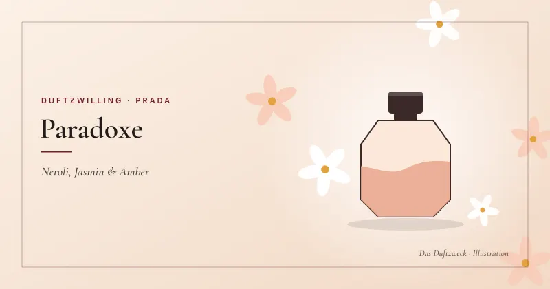 Illustration eines facettierten Parfumflakons mit Orangenblüten auf pfirsichfarbenem Grund – Prada Paradoxe Duftzwilling