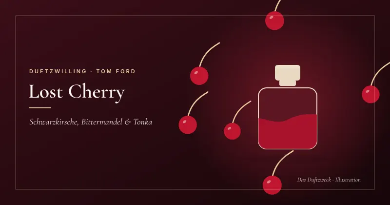 Illustration eines dunklen Flakons mit roter Flüssigkeit, umgeben von Kirschen auf weinrotem Grund – Tom Ford Lost Cherry Duftzwilling