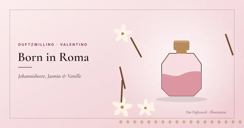 Illustration eines facettierten Flakons mit rosafarbener Flüssigkeit, Vanilleschoten und Jasminblüten – Valentino Born in Roma Duftzwilling