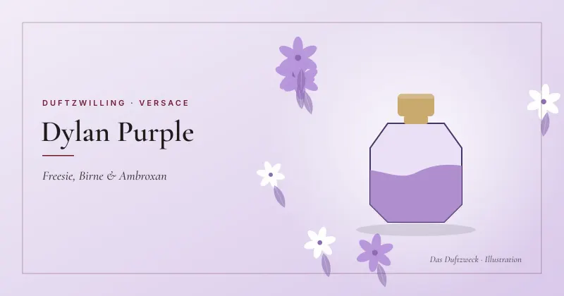 Illustration eines facettierten Flakons mit violetter Flüssigkeit zwischen Freesienblüten auf lila Grund – Versace Dylan Purple Duftzwilling