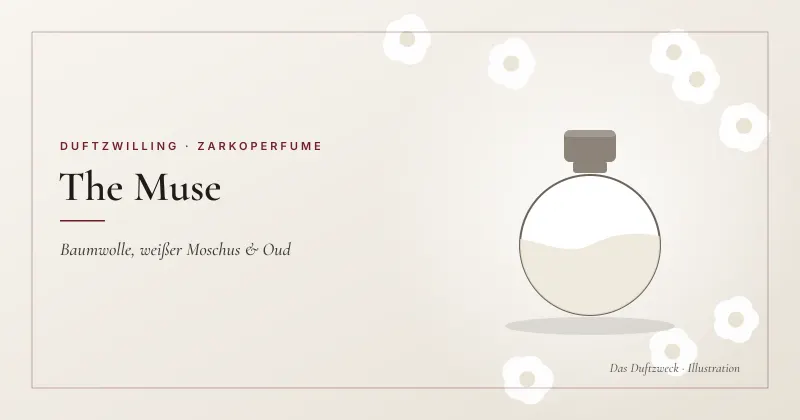 Illustration eines runden, milchig-weißen Flakons zwischen Baumwollblüten auf cremefarbenem Grund – Zarkoperfume The Muse Duftzwilling